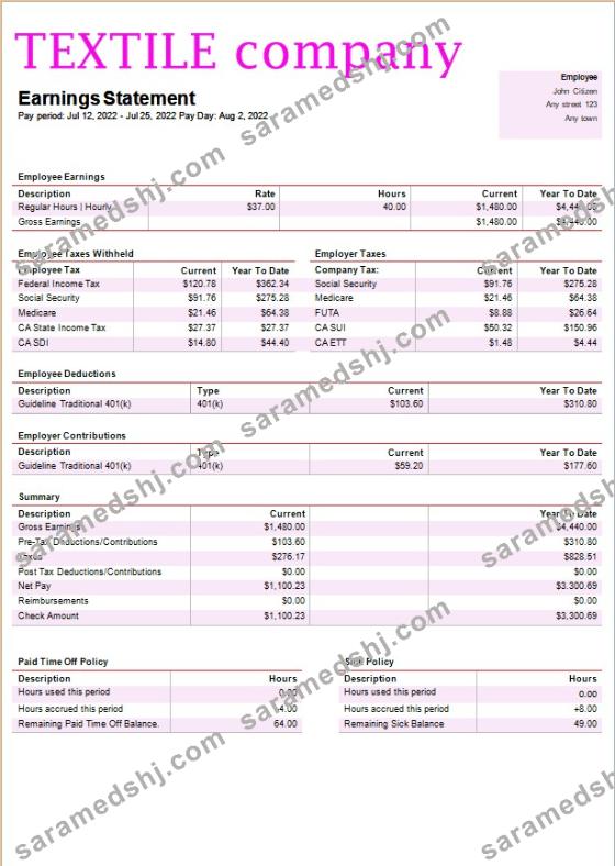 textile company payroll template in Word and PDF formats